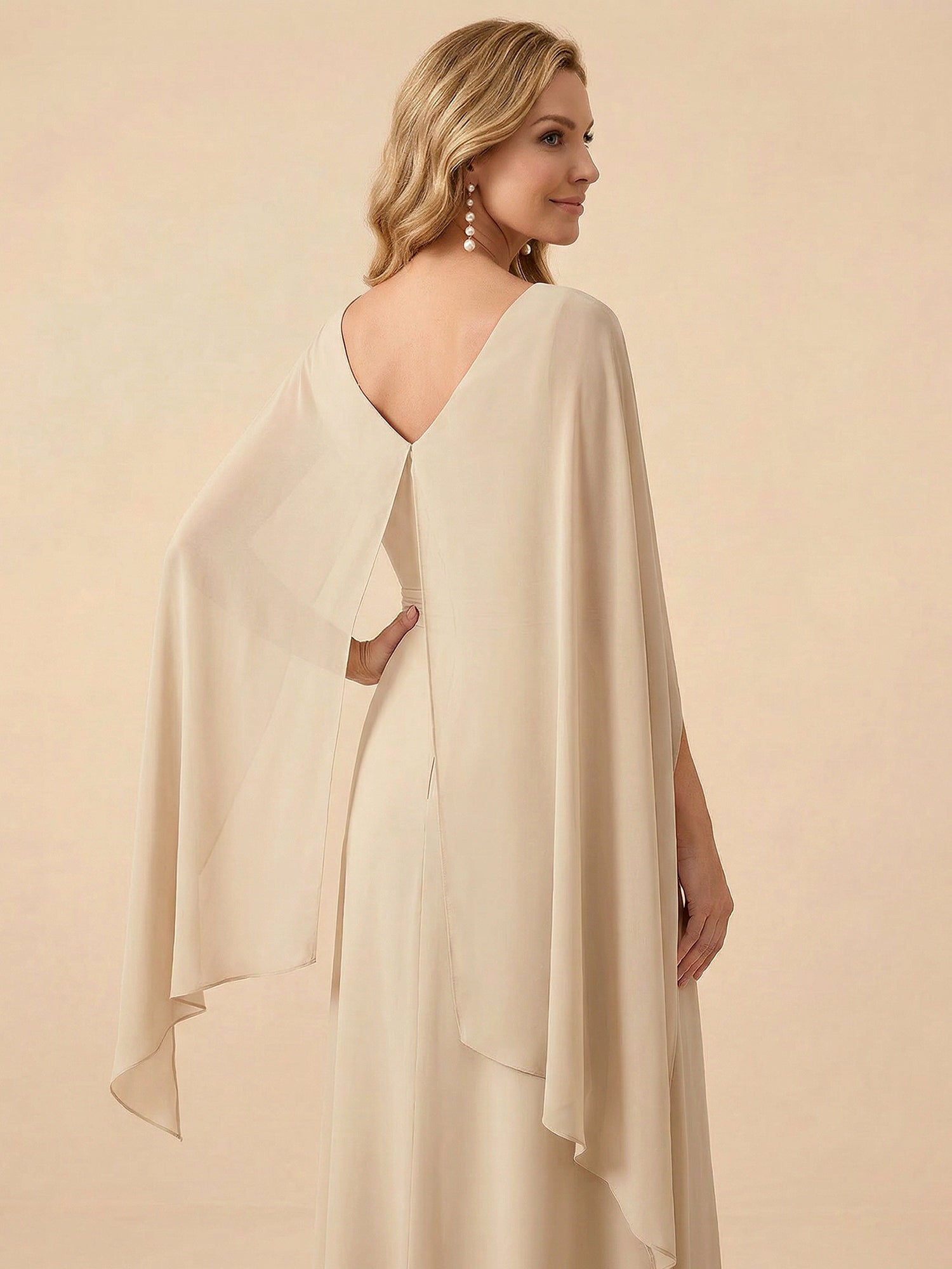 Cape Sleeve V-Back Chiffon A-Line Mother of the Bride Dress Maxi Dress