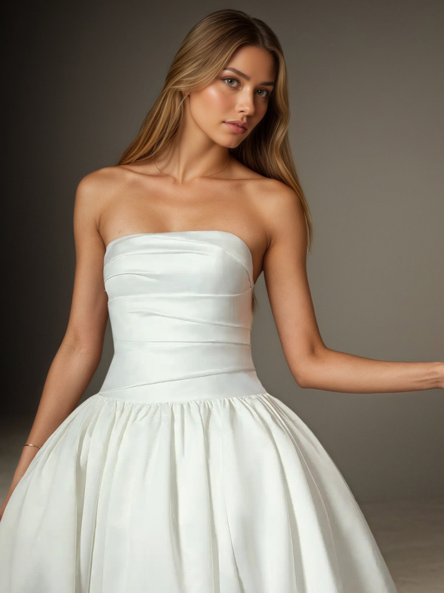 White Ball-Gown Strapless Matte Satin Wedding Dress
