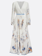 White Pleated Chiffon V Neck Floral Long Sleeve Balloon Sleeve A-Line Maxi Dress