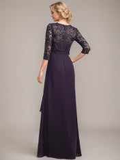 A-line V-Neck Floor-Length Lace Chiffon Mother of the Bride Dress With Cascading Ruffles Sequins