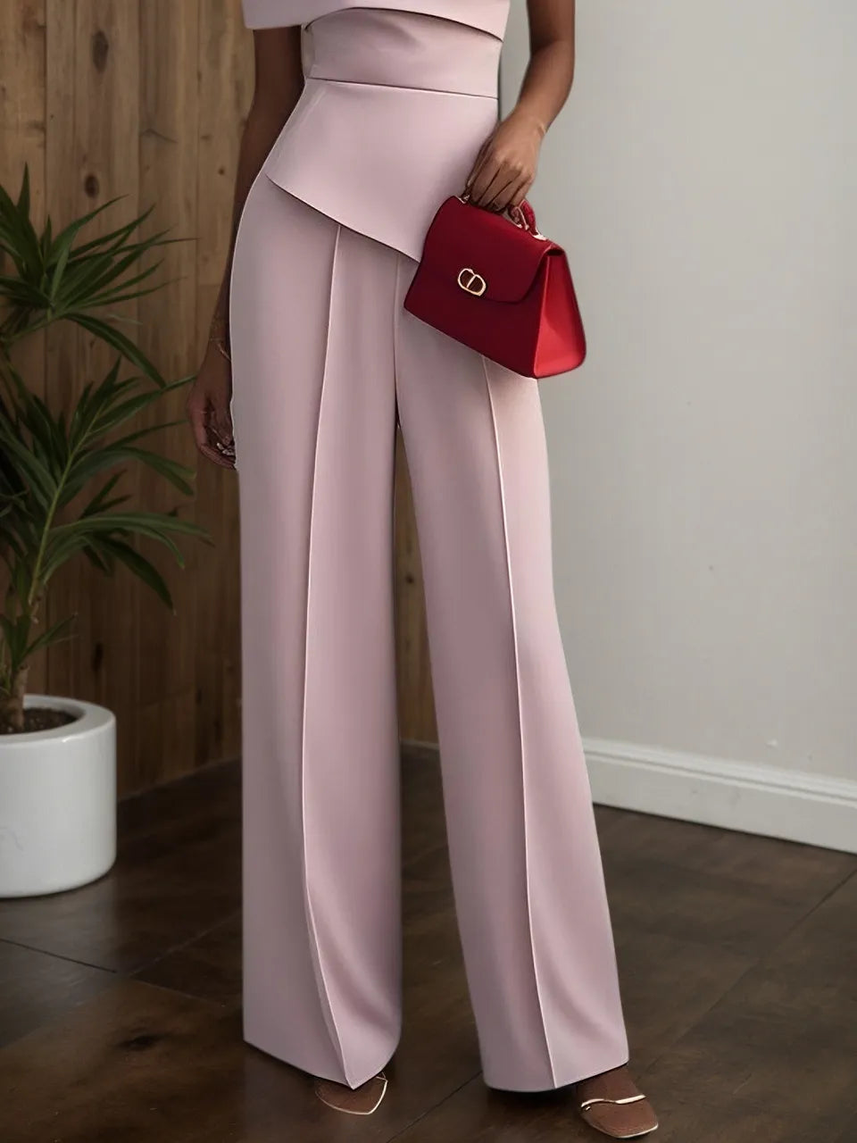 Women Pink Asymmetric Asymmetrical Short Sleeve Dressy Jumpsuit