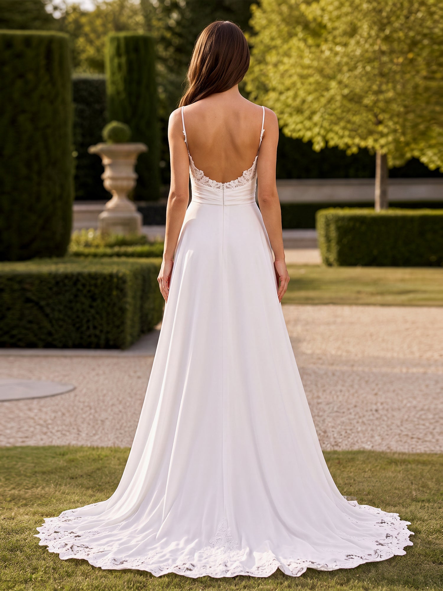 Elegant Cowl Neck Satin A-Line Wedding Dress with Spaghetti Straps and Sweep Train