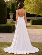 Elegant Cowl Neck Satin A-Line Wedding Dress with Spaghetti Straps and Sweep Train