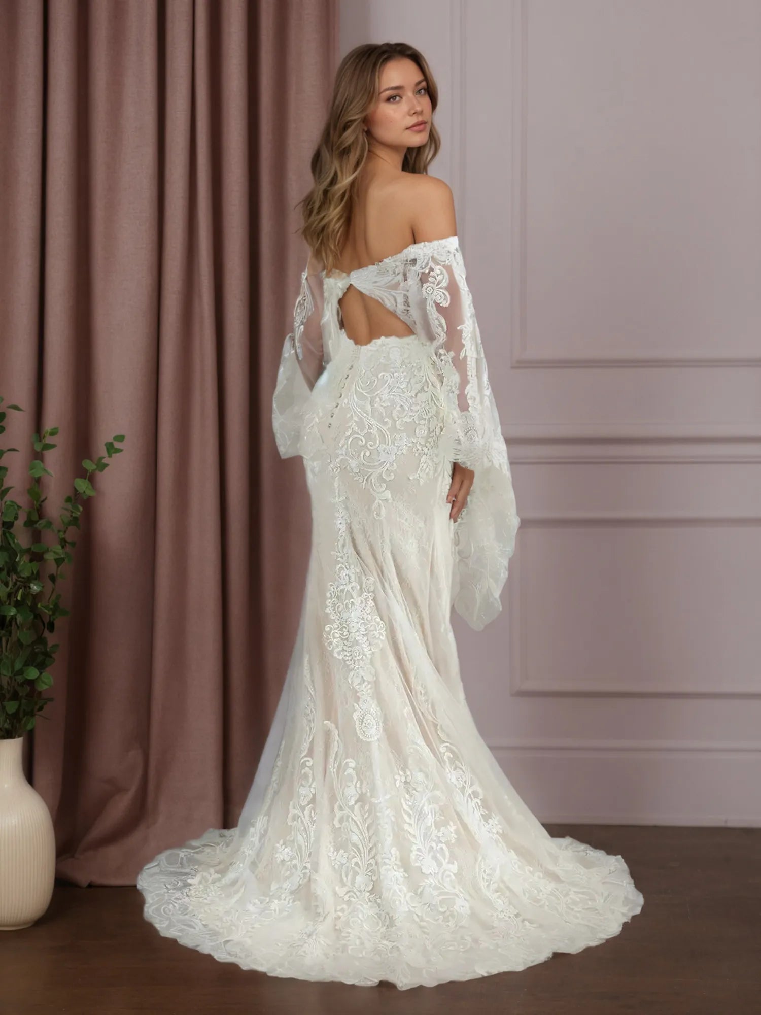White Champagne Mermaid V-Neck Sequins Lace Wedding Dress