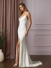 White Mermaid V-Neck Stretch Crepe Wedding Dress