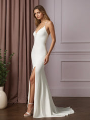 White Mermaid V-Neck Stretch Crepe Wedding Dress