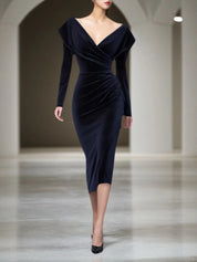 Cocktail Party Dress Navy V Neck Midi Velvet Mother of the Bride Dress