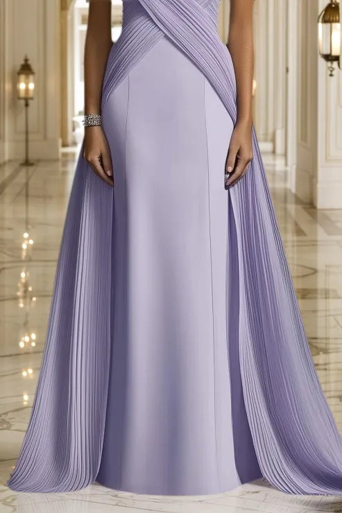 Formal Evening Dress Purple Stand Collar Pleated Train Maxi Gown