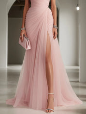 Pink Ruched Slit Tulle Strapless Sleeveless Sheath Gown Dress