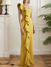 Formal Evening Gown Yellow One Shoulder Ruffle Maxi Dress