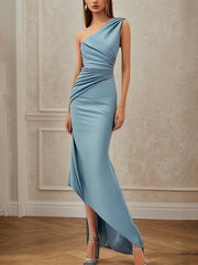 Party Light Blue Dress Pleated One Shoulder Asymmetrical Length Dress