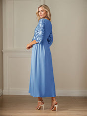 Crew Neck  A Line Ruffle Ruched Lace Maxi Dress Mother Of The Bride Dress