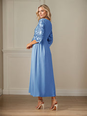 Crew Neck  A Line Ruffle Ruched Lace Maxi Dress Mother Of The Bride Dress