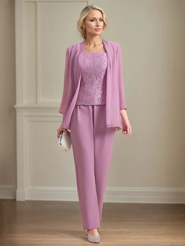Chiffon Square Neck Sleeveless Floor Length Mother of the Bride Pantsuits
