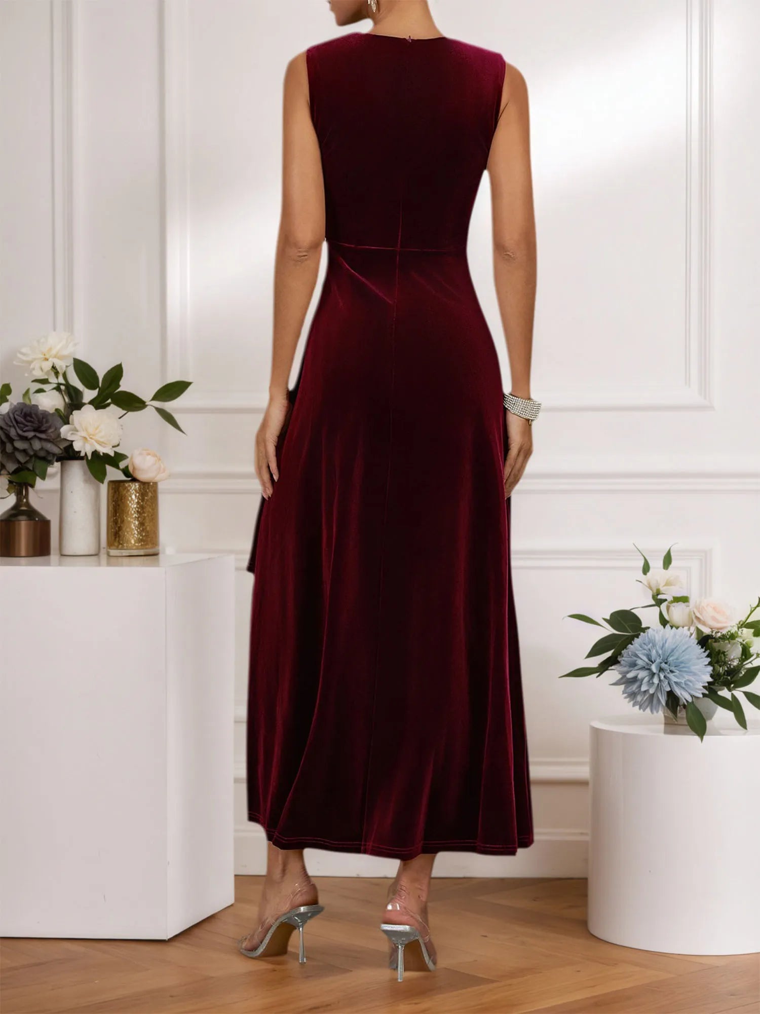 Wine Red Rhinestone Ruched Velvet V Neck Sleeveless A-Line Midi Dress