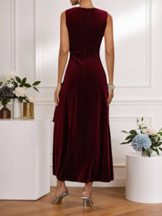 Wine Red Rhinestone Ruched Velvet V Neck Sleeveless A-Line Midi Dress