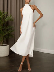 Semi-Formal Paryt Dress White Halter Neck Tea-Length Dress