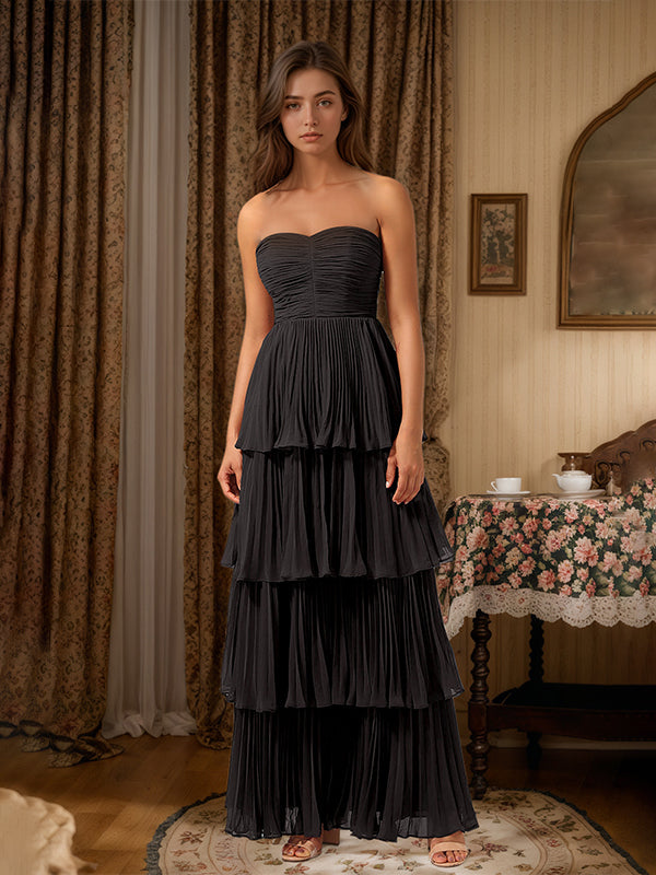 Burgundy A-Line Sweetheart Floor Length Tiered Chiffon Bridesmaid Dress