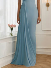 Formal Evening Dress Light Blue One Shoulder Ruched Floor Dress