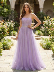 Strapless Beaded Tulle A-Line Long Prom Dress