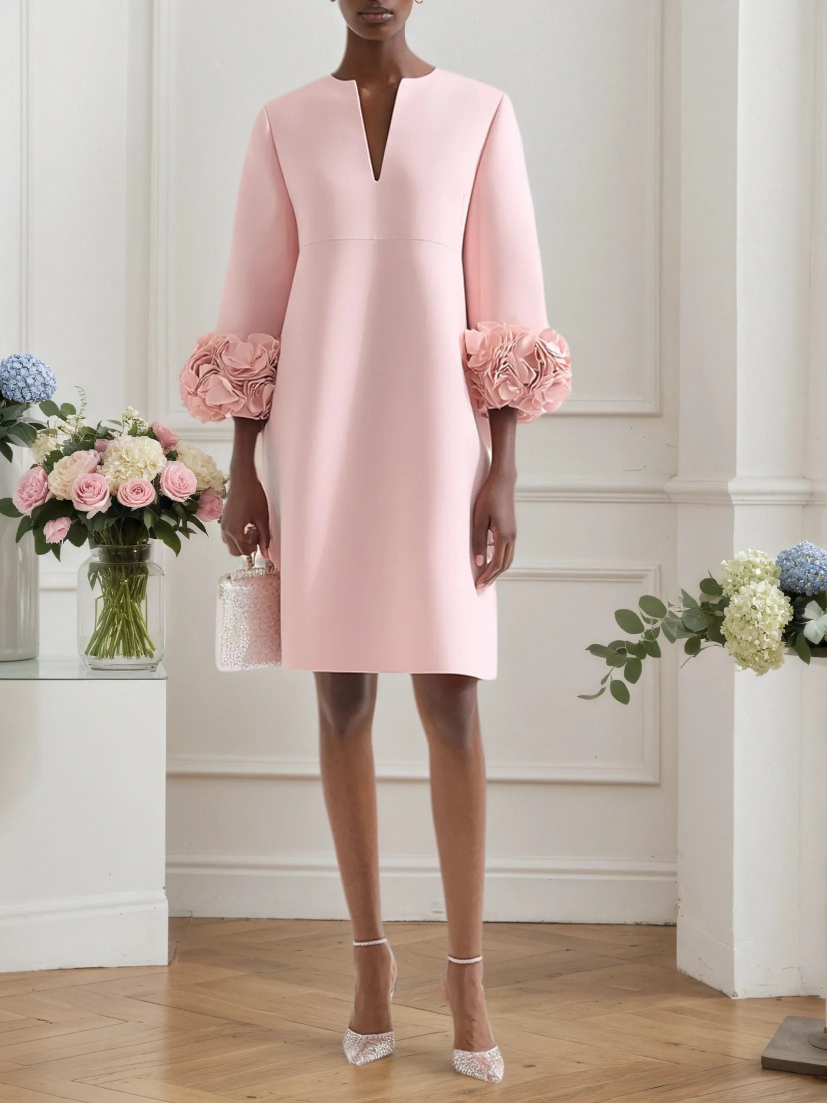 Pink 3D Floral Classic Notched Long Sleeve A-Line Midi Dress