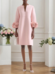 Pink 3D Floral Classic Notched Long Sleeve A-Line Midi Dress