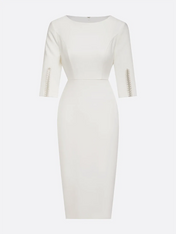 White Imitation Pearls Classic Crew Neck Half Sleeve Sheath Midi Dress