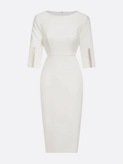 White Imitation Pearls Classic Crew Neck Half Sleeve Sheath Midi Dress