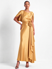 Cape-Sleeve Satin Floor-Length Evening Dresses with 3D Roses and Waterfall Drape