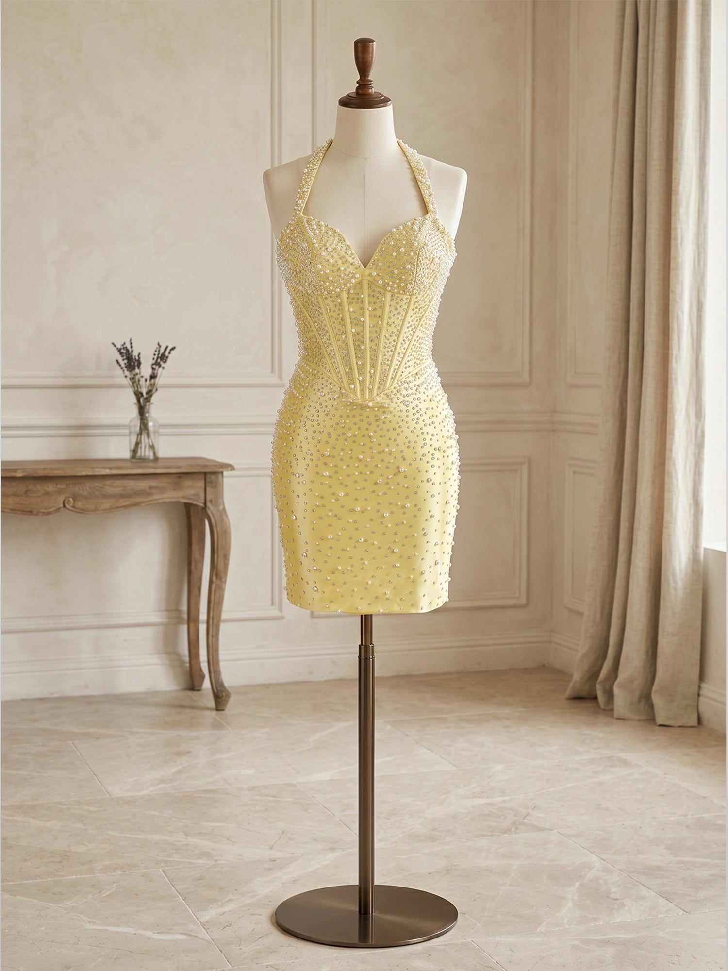 Glamorous Yellow Pearl Beaded Corset Short Homecoming Dresses