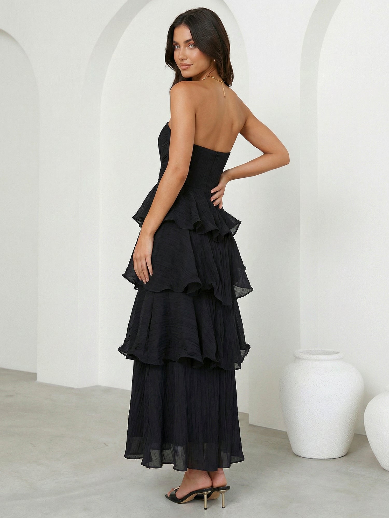 Black Strapless Tiered Maxi Dress Ankle Length