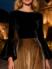 Black Flare Sleeves A-Line Long Velvet Holiday Party Dress