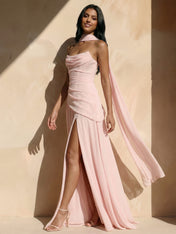 Pink Strapless Pleat Maxi Dresses with Scarf A Line Slit Evening Dress