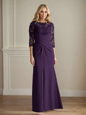 Robe fourreau en crêpe extensible prune pour mère de la mariée 