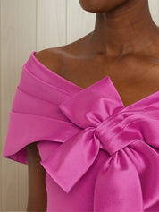 Rose Red Bow Satin Off The Shoulder Sheath Midi Dress
