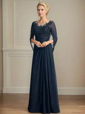 A Line Scoop 3/4 Sleeve Chiffon Mother of the Bride Dress With Appliques