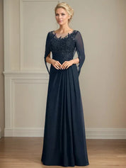 A Line Scoop 3/4 Sleeve Chiffon Mother of the Bride Dress With Appliques