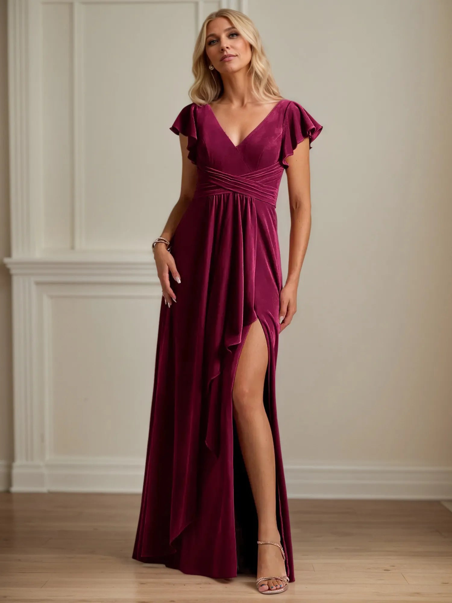 A Line V Neck Short Sleeve Velvet Mother of the Bride Dress With Ruffles