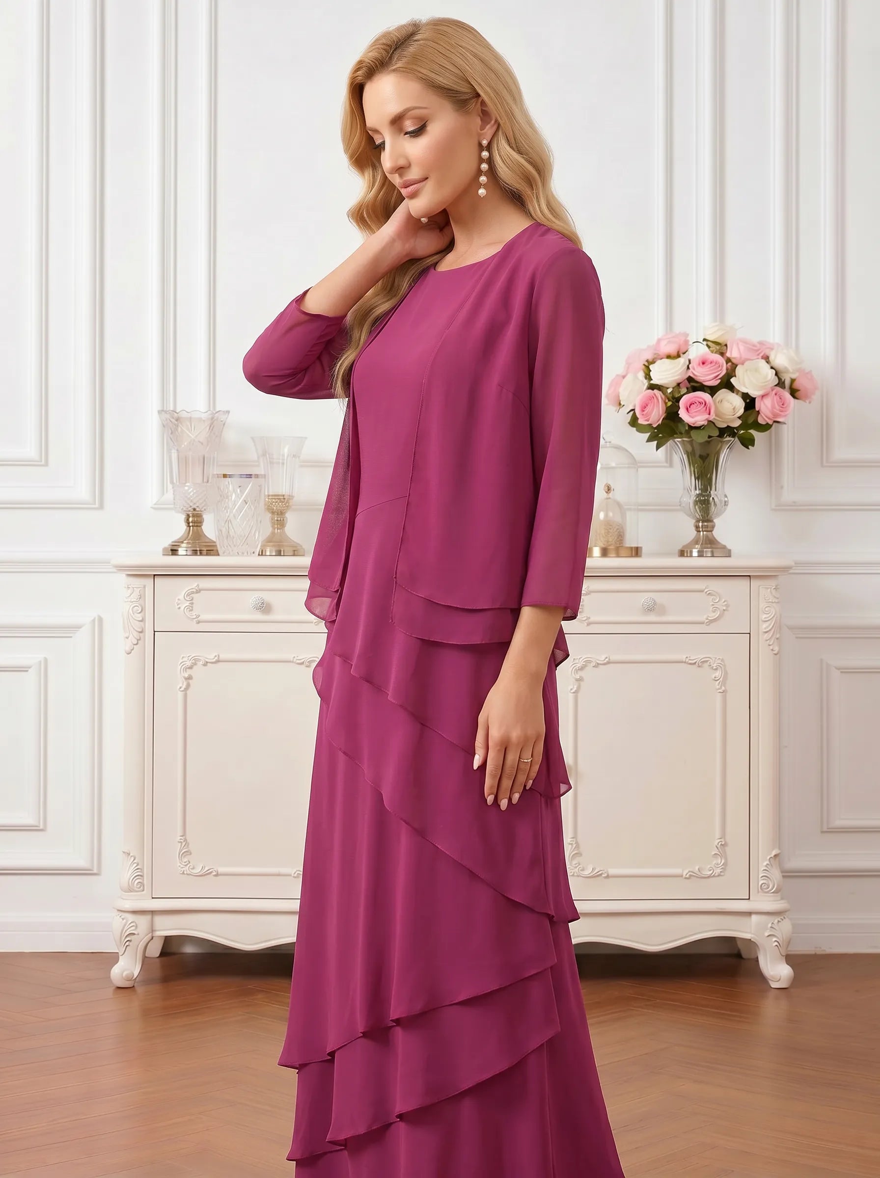 Round Neck Tiered Chiffon A-Line Mother of the Bride Dress with Matching Bolero Jacket