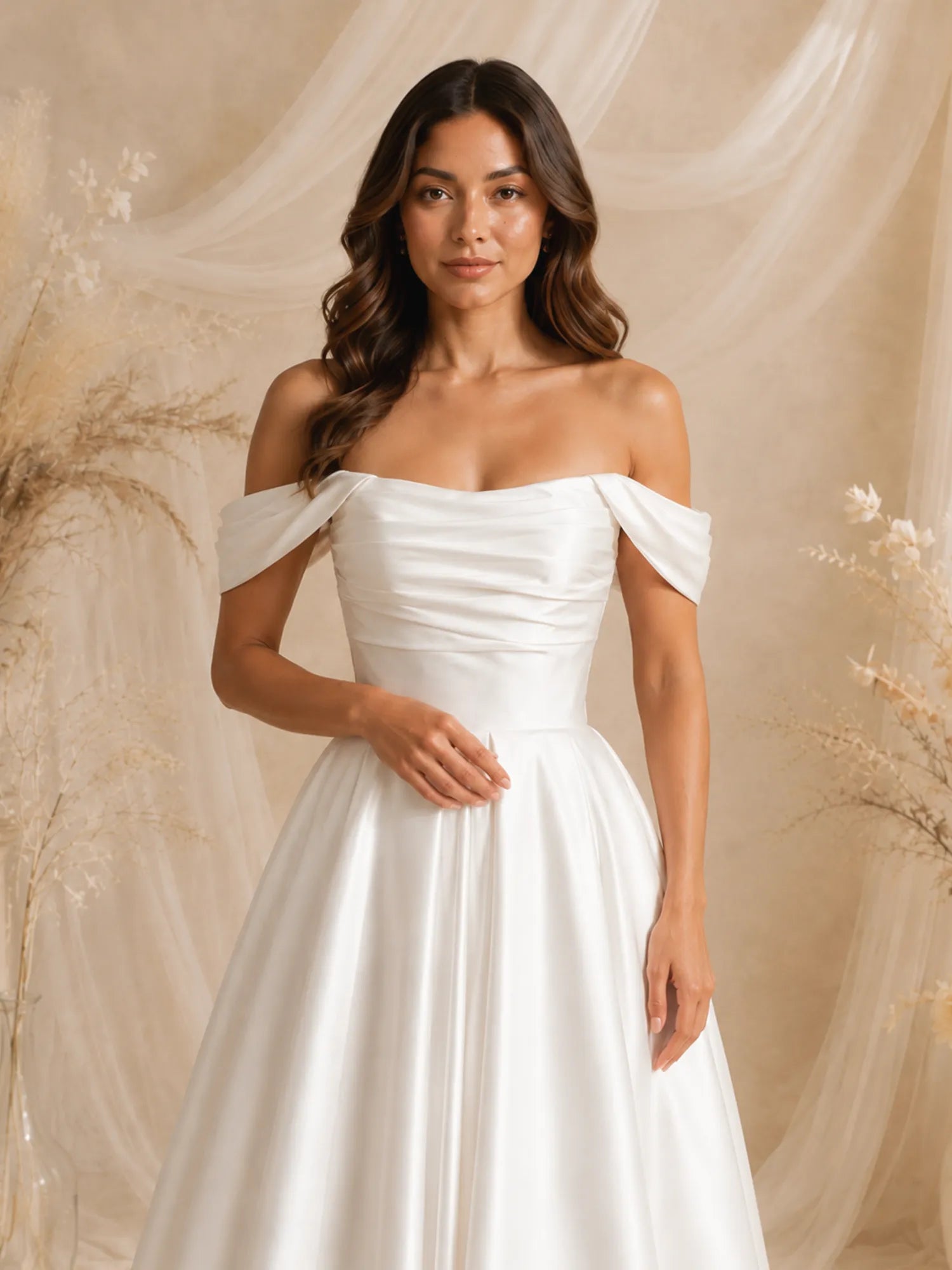 Off-The-Shoulder Pleated Satin Tea-Length Wedding Dress with Corset Back