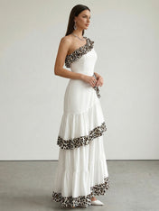 White Leopard Trim One-Shoulder Tiered Ruffle Maxi Dress