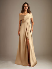 A-Line Asymmetrical Neckline Floor-Length Satin Mother of the Bride Dress With Pleated