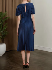 Dark Blue Satin Pleated Boat Neck A-Line Midi Dress