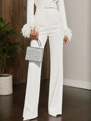 Women White Feather-trimmed Crew Neck Long Sleeve Dressy Jumpsuit