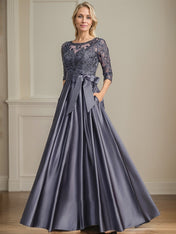 A-line Scoop Illusion Floor-Length Satin Lace Mother of the Bride Dress With Sequins Bow