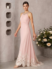 Pink Beaded Ruched Chiffon Halter Sleeveless A-Line Gown Maxi Dress