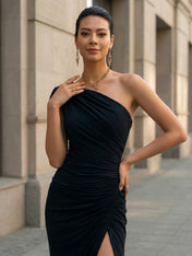 Black One Shoulder Mermaid Pleat Chiffon Evening Dress with Slit