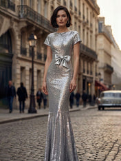 Silver Evening Formal Dress Mermaid Crew Neck Sequin Maxi Dress Gown with Bowknot