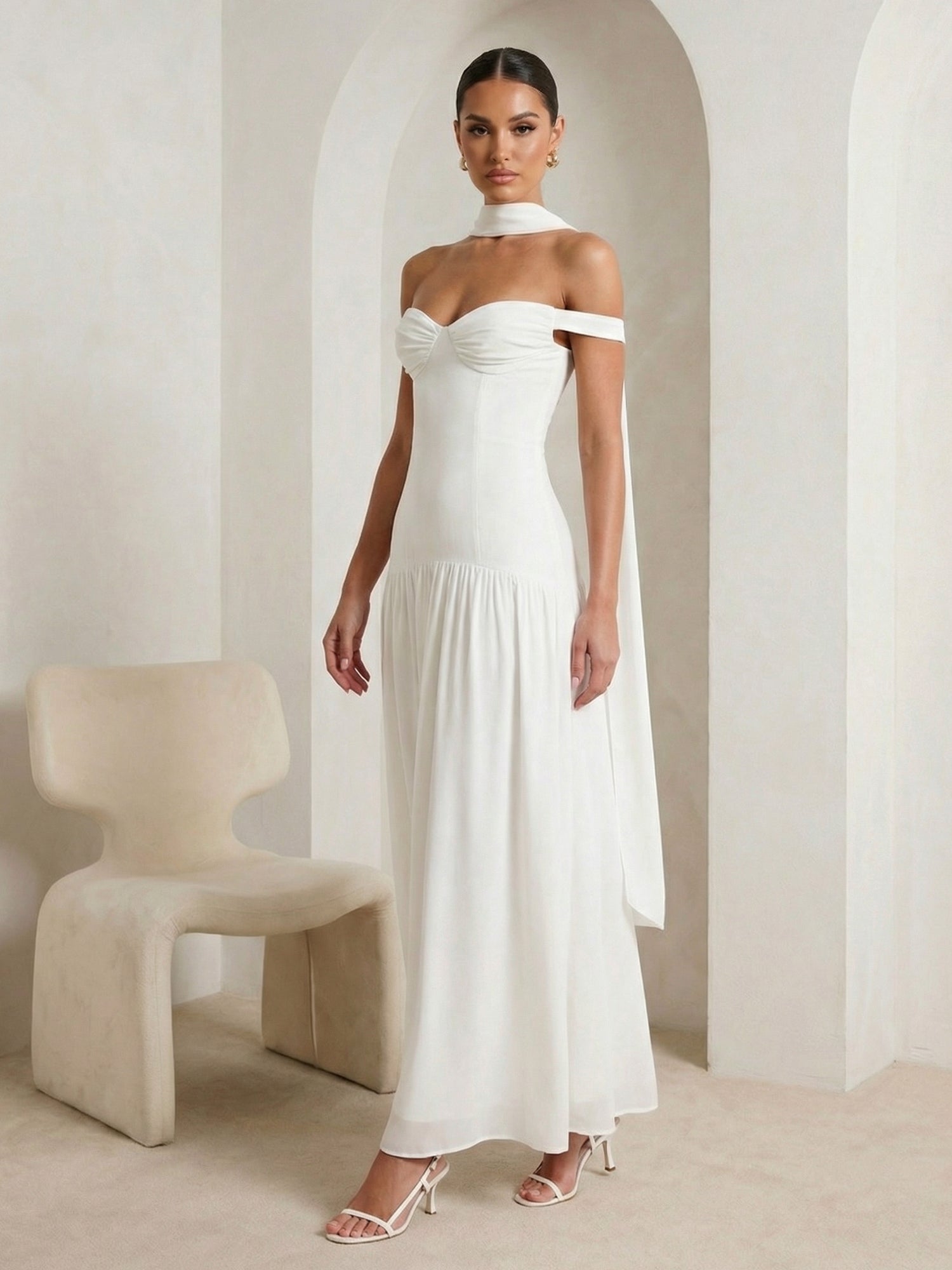 White Off the Shoulder Satin A Line Maxi Dress with Scarf
