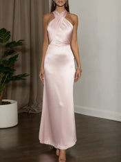 Formal Wedding Guest Dress Satin Pink Halter Neck Maxi Dress